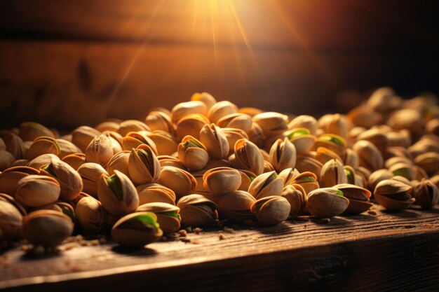 Macro Snapshot of Pistachio Delight Zdobądź zdjęcie pistacji w ekstremalnym zbliżeniu, podkreślając ich apetyczne szczegóły na ciepłym drewnianym tle