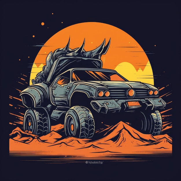 mad max car tshirt plakat tatuaż do druku designe wektor makieta fantasy czarne tło wall art