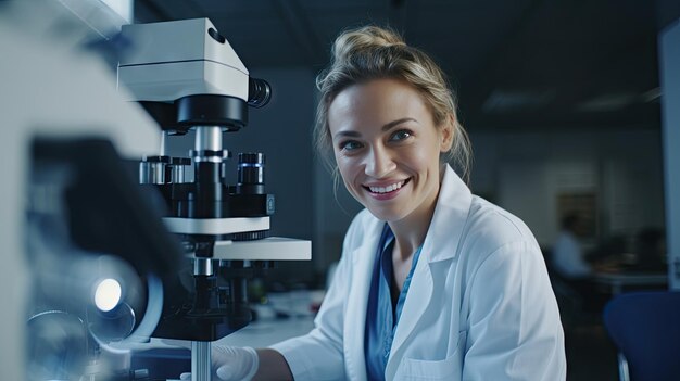 Mądra, piękna kobieta pracuje w laboratorium, używa sprzętu laboratoryjnego, prowadzi eksperymenty, bada próbki, szczęśliwa naukowczyni patrzy na kamerę.
