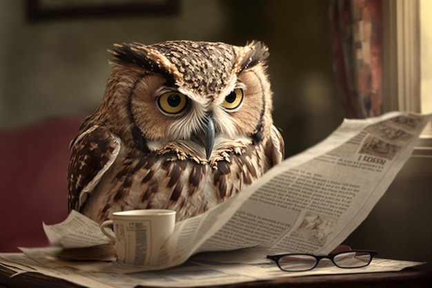 Mądra sowa nadrabia zaległości w czytaniu gazety
