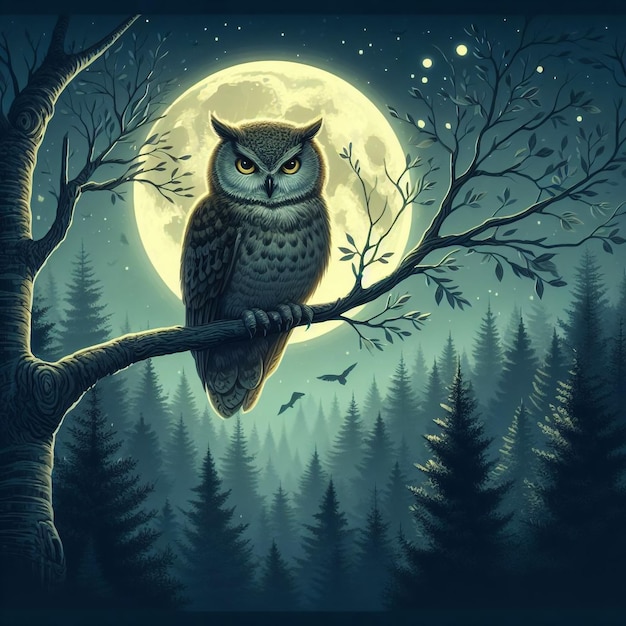 Mądra sowa siedząca na księżycowo oświetlonej gałęzi obserwuje las poniżej
