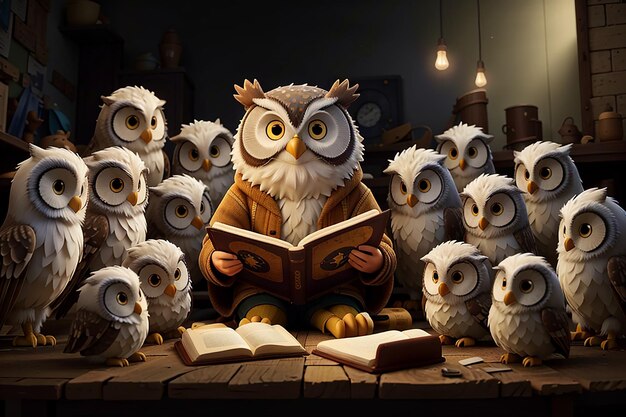 Zdjęcie mądre opowieści, które sowa czyta młodym piekarzom zwierząt