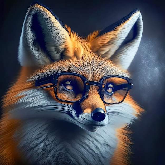 Mądre zwierzę w okularach Portret lisa w okularach na ciemnym tle