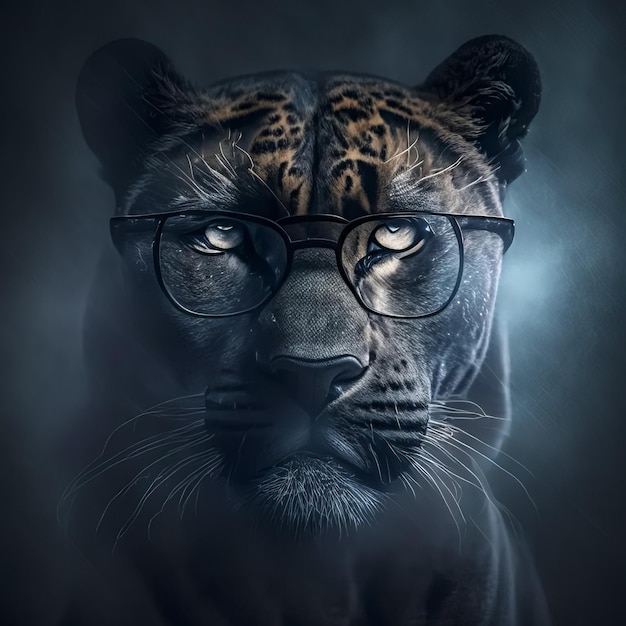 Mądre zwierzę w okularach Portret pantery lamparta w okularach na ciemnym tle
