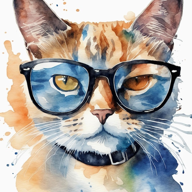 Mądry kot w okularze profesorskim Ręcznie malowana ilustracja na białym tle