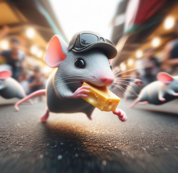 Mądry mysz uliczny złodziej nosi czapkę ucieka z rynku ulicznego skradziony kawałek sera