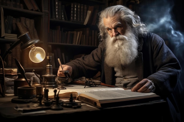 Zdjęcie mądry uczony pisze w swoim gabinecie przy świecach.