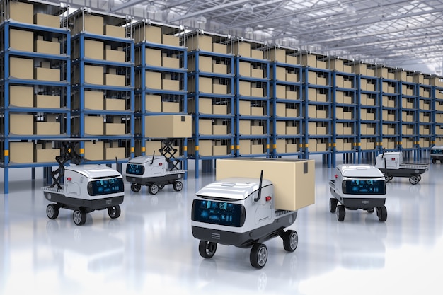 Magazyn automatyki z robotami dostawczymi do przenoszenia pudeł