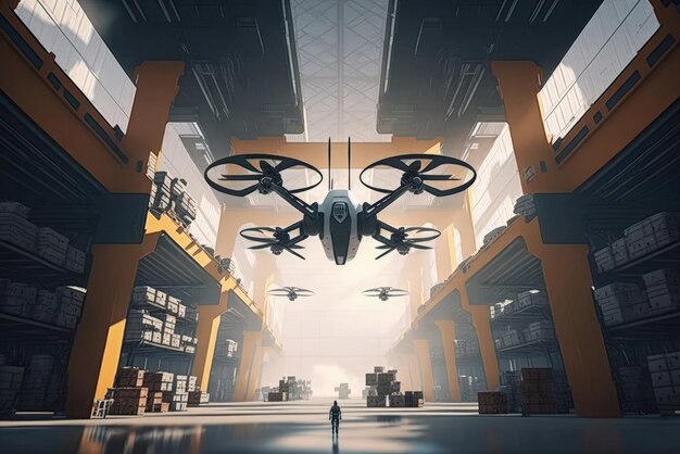 Magazyn przyszłości z latającymi dronami wewnątrz Generative AI