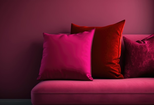 magenta i szkarłatna różowa sofa z poduszkami i poduszkami ilustracja 3d