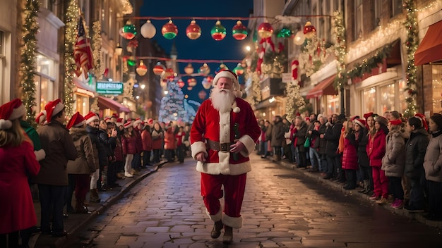 Magia Bożego Narodzenia, gdy Święty Mikołaj prowadzi świąteczną paradę przez urocze miasteczko.