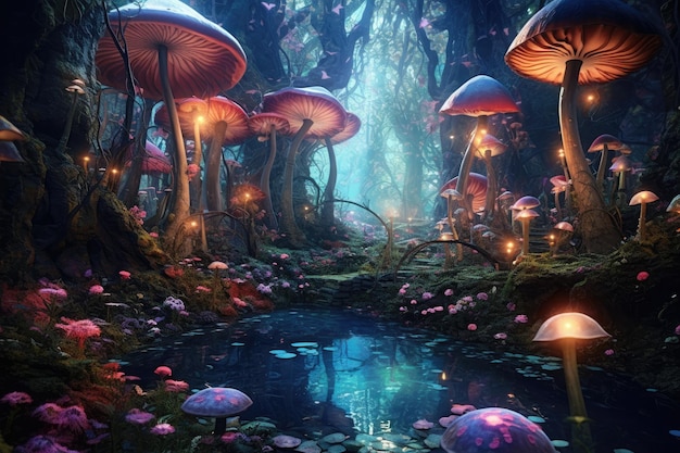 Magical Fairyland kapryśna panorama tajemniczej baśniowej krainy ukrytej wśród kolorowych gajów grzybowych