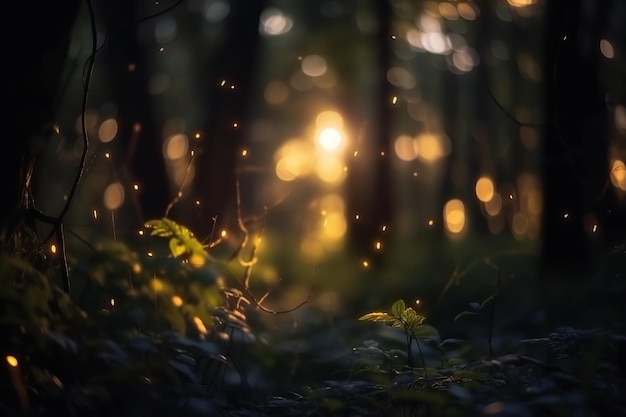 Magical Firefly w Night Forest Abstrakcyjna Bajkowa sztuka Generatywna sztuczna inteligencja Tło