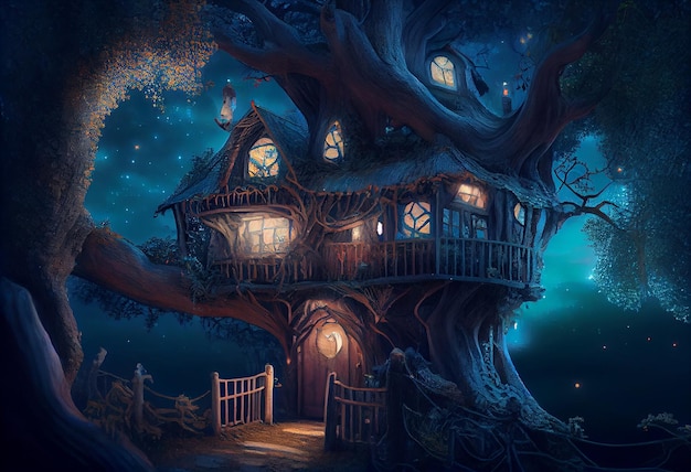 Magiczna bajkowa sceneria domku na drzewie w nocy w lesie Generuj Ai