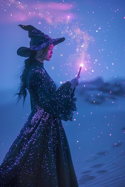 Zdjęcie magiczna czarownica w zmierzchu rzuca zaklęcia z błyszczącym pyłem gwiezdnym fantazyjna wiedźma w ciemnej szlafroku