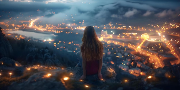 Zdjęcie magiczna dziewczyna wpatrująca się w błyszczące światła miasta z klifu reprezentującego marzenia i nadzieję koncepcja marzenia nadzieja magiczna dziewczynka światła miasta klifu