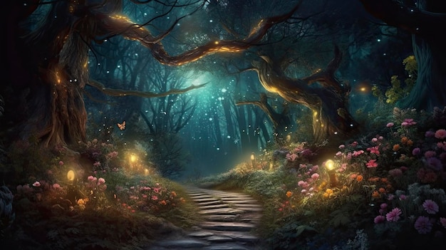 Magiczna fantazja baśniowa sceneria nocy w lesie Generuj Ai