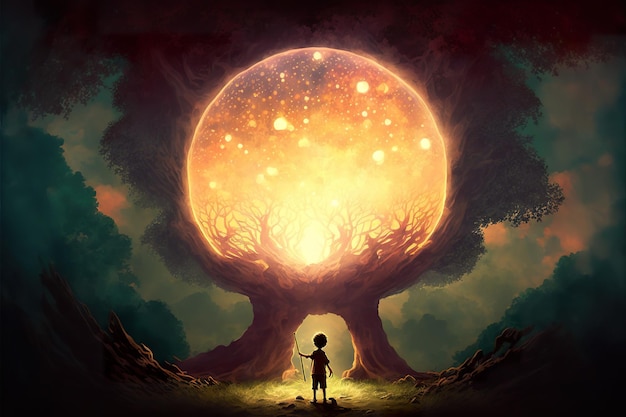 Magiczna fantazja chłopiec z magicznym drzewem kulistym