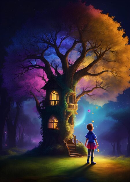 Magiczna fantazja, ilustracja wektorowa, szczęśliwe dzieci, kraj marzeń, bajka, kolorowy domek na drzewie, sztuka koncepcyjna.