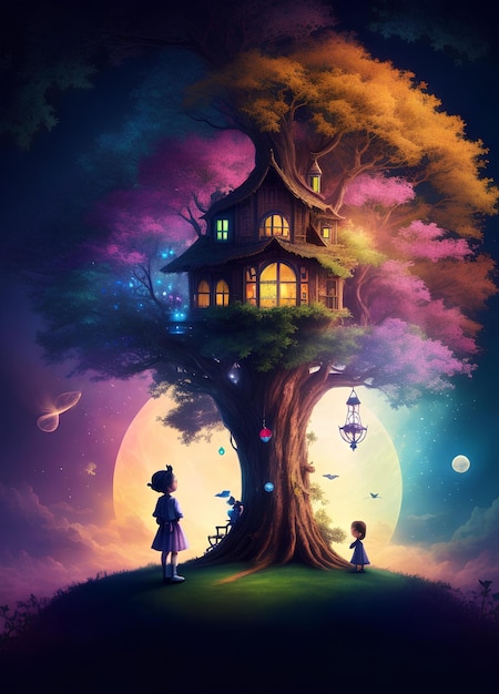 Magiczna fantazja, ilustracja wektorowa, szczęśliwe dzieci, kraj marzeń, bajka, kolorowy domek na drzewie, sztuka koncepcyjna.