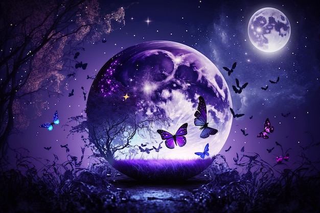 Magiczna fantazja romantyczna noc w tle z pełnią księżyca i świecącymi motylami w tapecie z bąbelkami