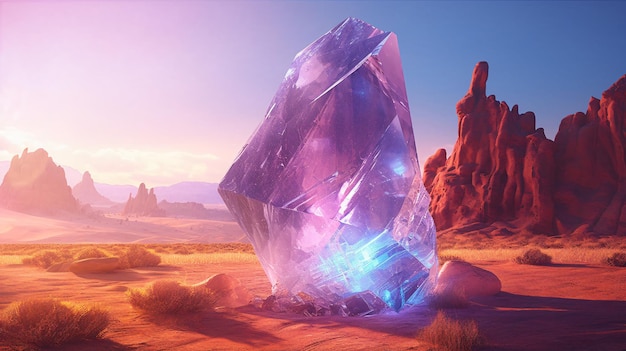 magiczna i fantastyczna kryształowa skała lśniąca na pustyni