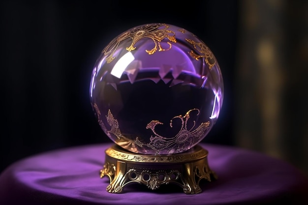Zdjęcie magiczna kryształowa kula na fioletowym stole zbliżenie ciemne tło przewidywania przyszłej koncepcji odczytów psychicznych obraz jest generowany przez ai
