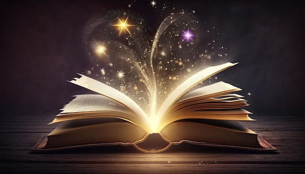 Zdjęcie magiczna książka do nauki nowych umiejętności rozwijania wyobraźni otworzyła magiczną książkę na stole
