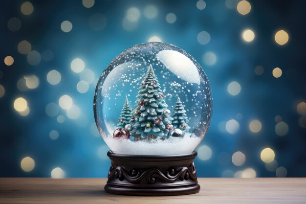 Zdjęcie magiczna kulka śnieżna z świątecznymi dekoracjami generatywny ai niebieski tło