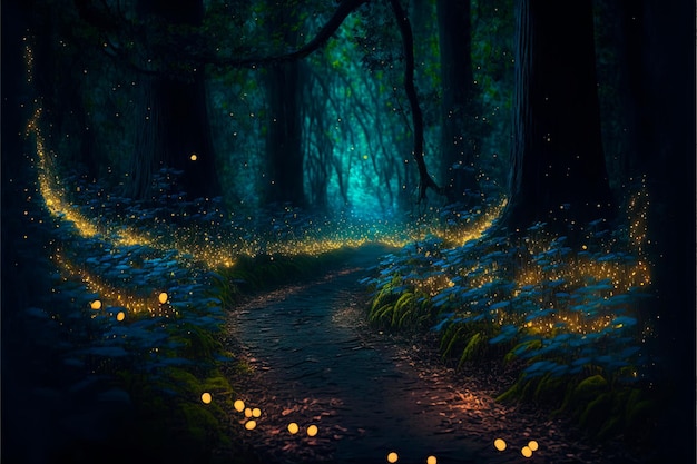 Magiczna leśna ścieżka ze świecącymi świetlikami Nocny magiczny las fantazji Leśny krajobraz