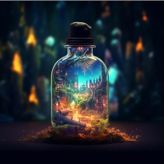 Magiczna mikstura w butelce na ciemnym tle renderowania 3d
