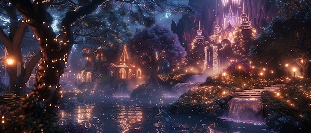 Zdjęcie magiczna nocna scena lasu z świecącymi światłami wróżek czarujący zamek błyszcząca woda