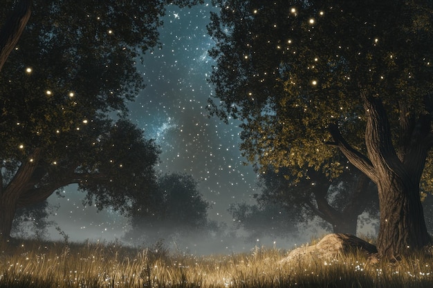 Magiczna nocna scena lasu z świetlikami i gwiezdnym niebem 1