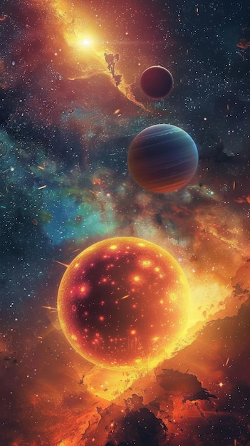 Magiczna scena kosmiczna z trzema planetami krążącymi wokół promieniującego słońca