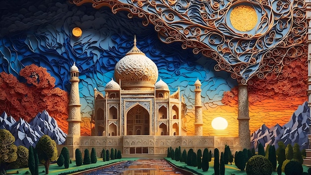 Magiczna sceneria Taj Mahal z tapetą z filigranowego papieru quilling, wygenerowaną przez AI