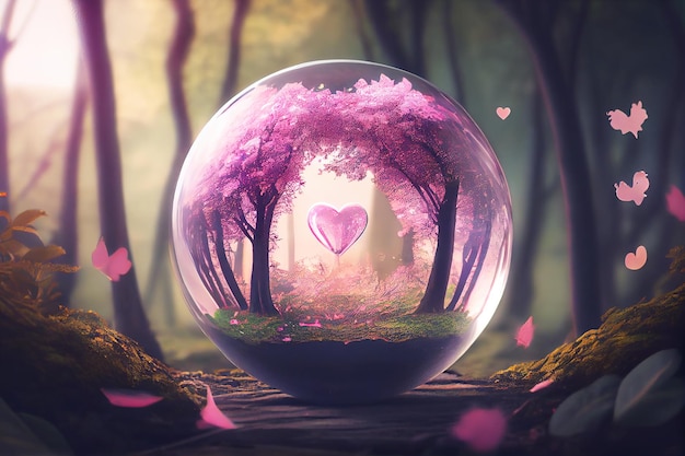 Magiczna szklana kula z różowym drzewem w kształcie serca w leśnym tle Generacyjna sztuczna inteligencja