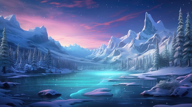 Magiczna zimowa kraina czarów z pokrytymi śniegiem górami i zamarzniętym jeziorem