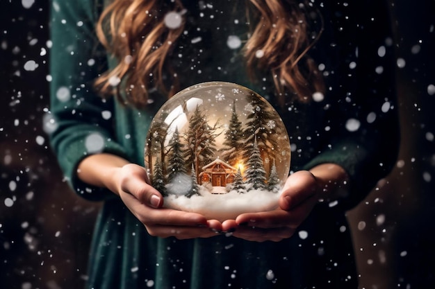 Zdjęcie magiczna zimowa opowieść świąteczna w szklanej kuli na stole wystawienniczym