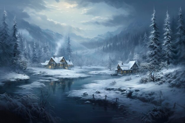 Magiczna zimowa scena z panoramicznym ekranem