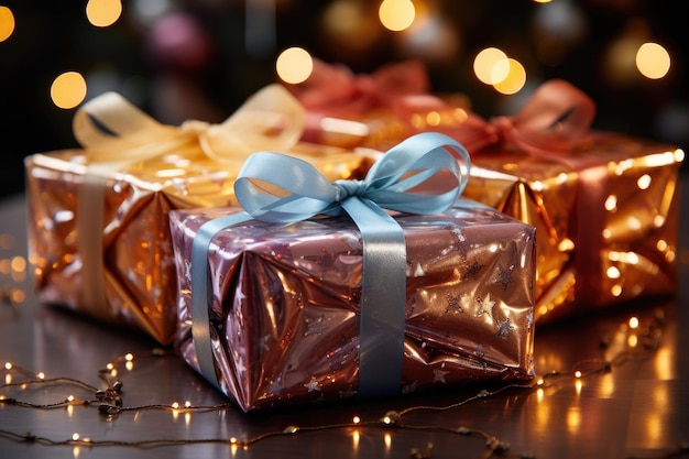 Magiczne chwile prezentów delikatny blask otacza błyszczące zapakowane prezenty świąteczne tapety