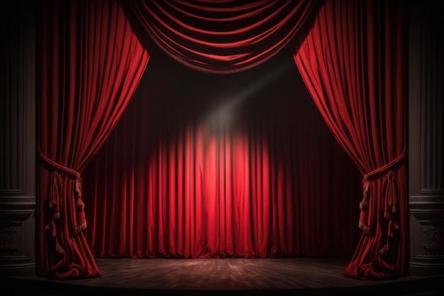 Magiczne czerwone zasłony na scenie teatralnej Pokaż ilustrację Spotlight AI Generative
