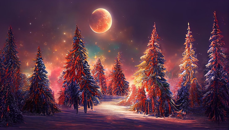 Zdjęcie magiczne drzewa ze śniegiem w zimowym lesie w noc bożego narodzenia generative ai