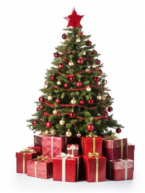 Magiczne drzewo bożonarodzeniowe z prezentami i dekoracjami odizolowanymi na białym tle