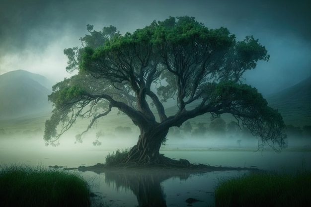 Magiczne drzewo otoczone mgłą z widokiem na odległe jezioro