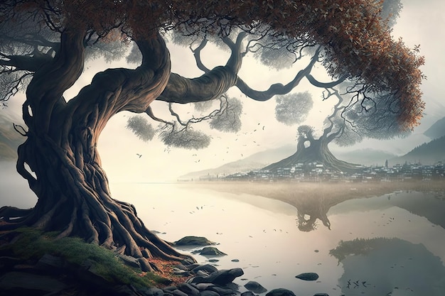 Magiczne drzewo otoczone mgłą z widokiem na odległe jezioro