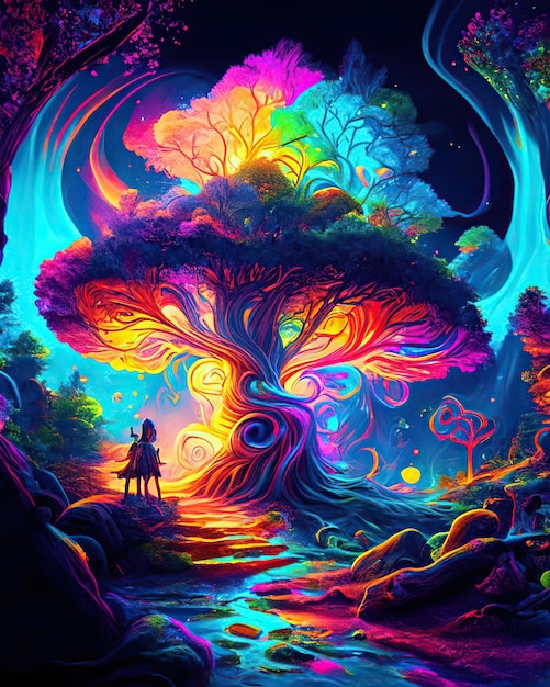 Magiczne drzewo w zaczarowanym lesie, żywe kolory w magicznym i surrealistycznym neonowym stylu