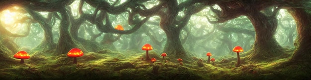 Magiczne grzyby muchomor w lesie bajeczny gąszcz lasu Świecące grzyby fantasy mech ilustracja 3d