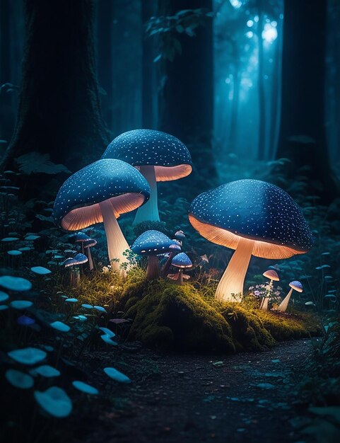 Magiczne grzyby w ciemnym tajemniczym lesie