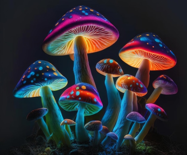 Magiczne grzyby w lesie Kolorowe świecące grzyby w mistycznym lesie Generacyjna sztuczna inteligencja