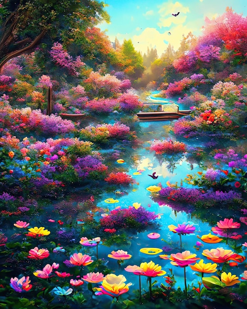 Magiczne jezioro raj roślinność ogrodowa kwiaty woda drzewa kolorowy krajobraz
